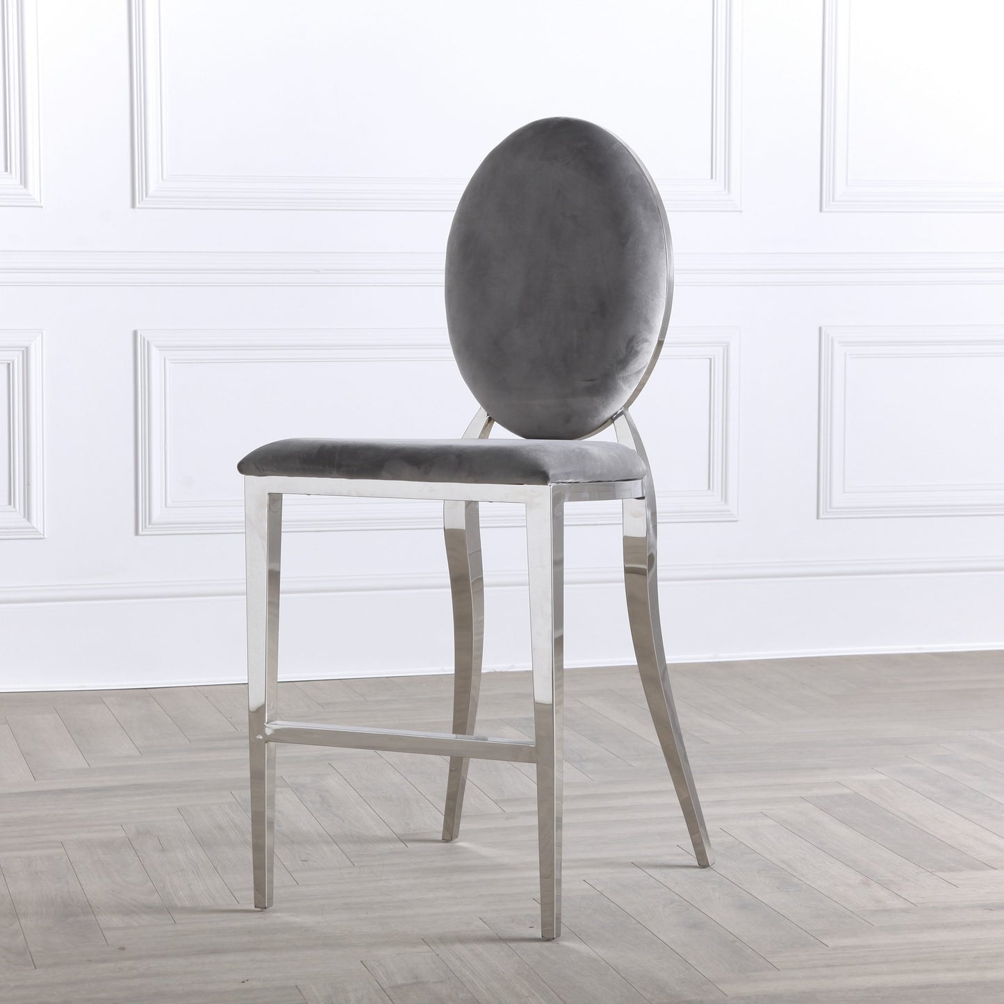 Chrome Round Back 65cm Grey Velvet Breakfast Bar Stool