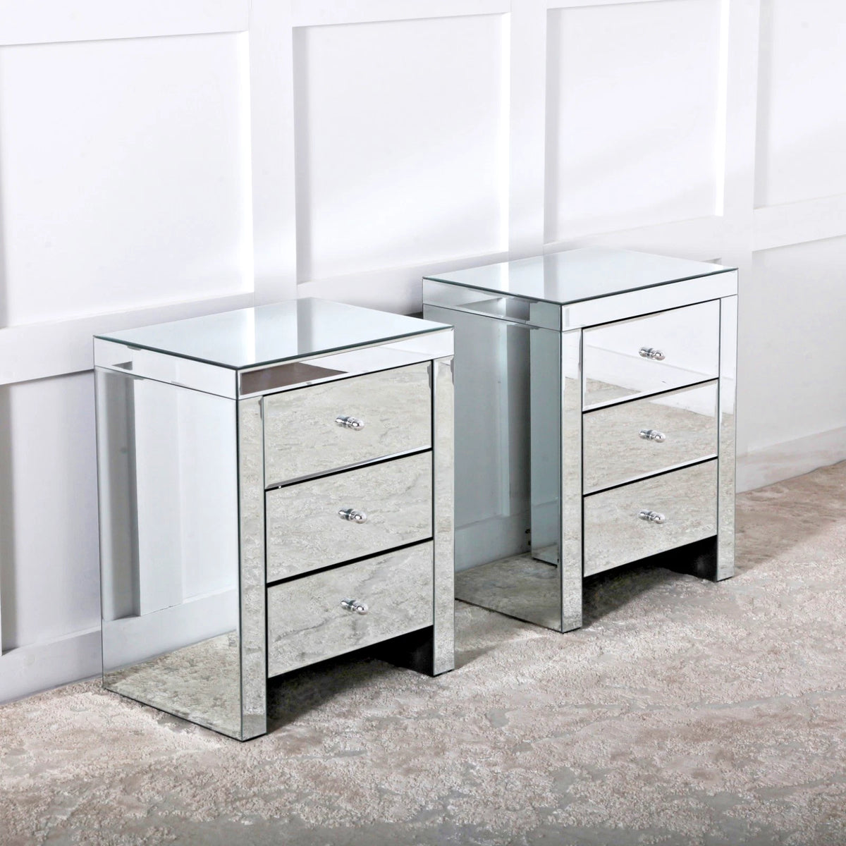 3 Drawer Mirror Bedside Cabinet Set of 2