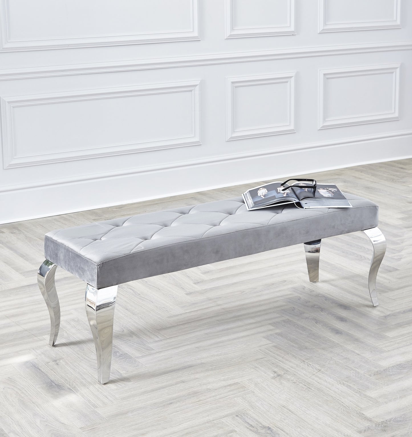 Louis Grey Button Chrome 130cm Dining Bench