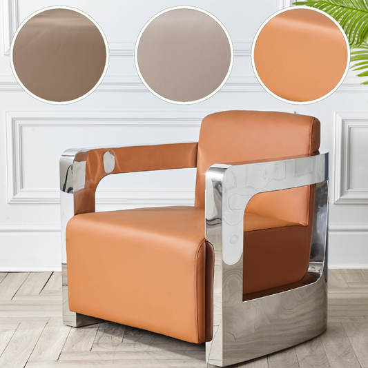 Retro Aviator TUB Accent Real Leather Chunky Chrome Stainless Steel Arm Chair