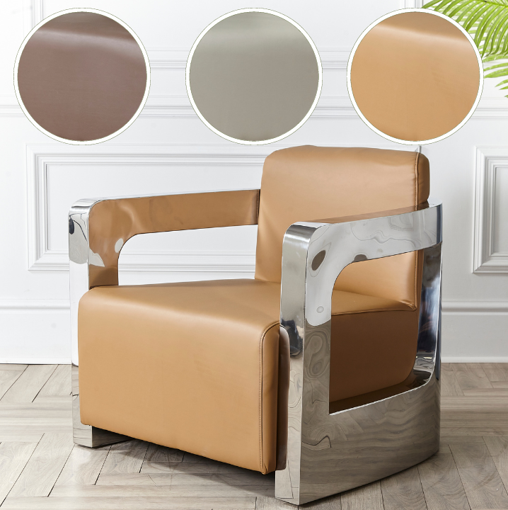 Retro Aviator TUB Accent Faux Leather Chunky Chrome Stainless Steel Arm Chair