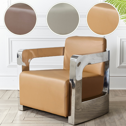 Retro Aviator TUB Accent Faux Leather Chunky Chrome Stainless Steel Arm Chair