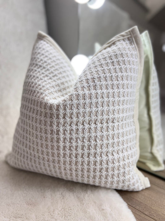 Beige Square Print Scatter Cushion with Beige Border & Velvet Back 45cm / 18"