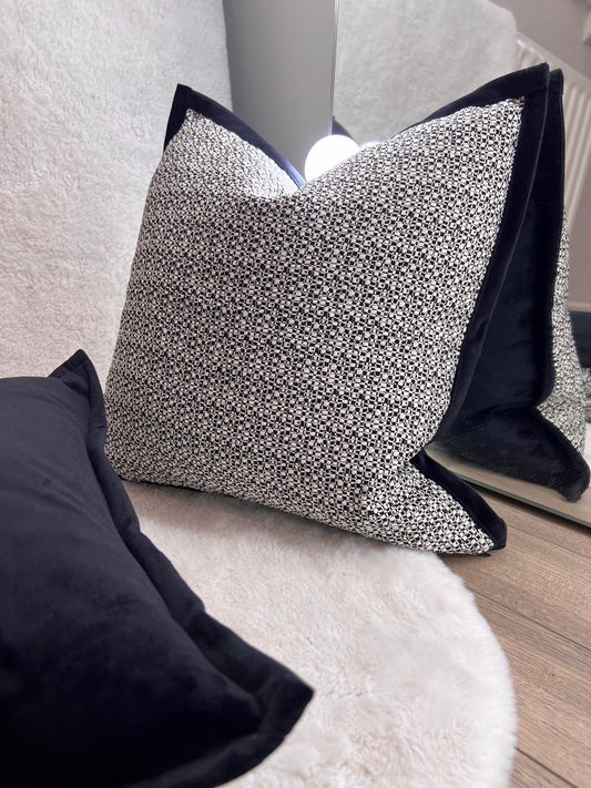 Black Grit Print Scatter Cushion with Black Border & Velvet Back 45cm / 18"