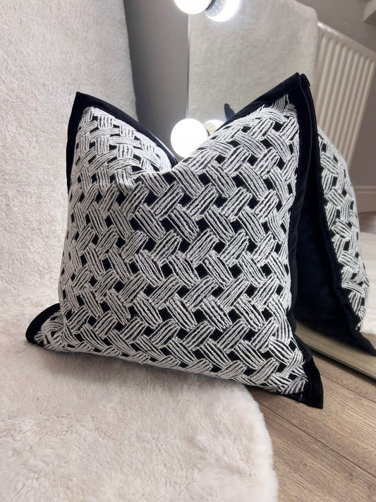 Black & White Criss Cross Print Scatter Cushion with Black Border & Velvet Back 45cm / 18"