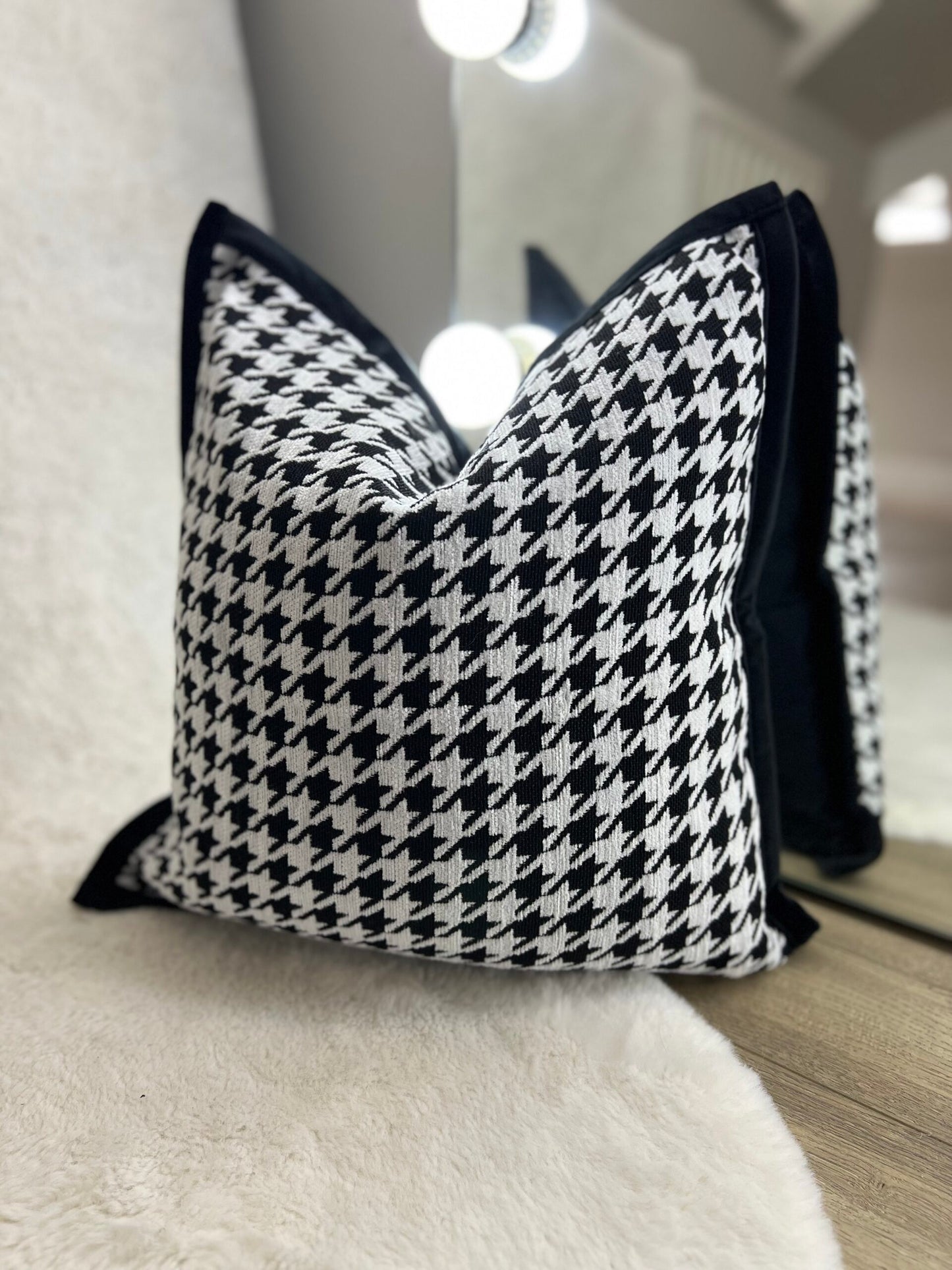 Houndstooth Scatter Cushion with Black Border & Velvet Back 45cm / 18"