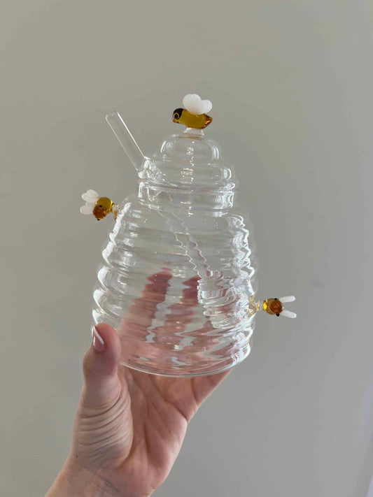 Glass Honey Jar with Honey Bees.