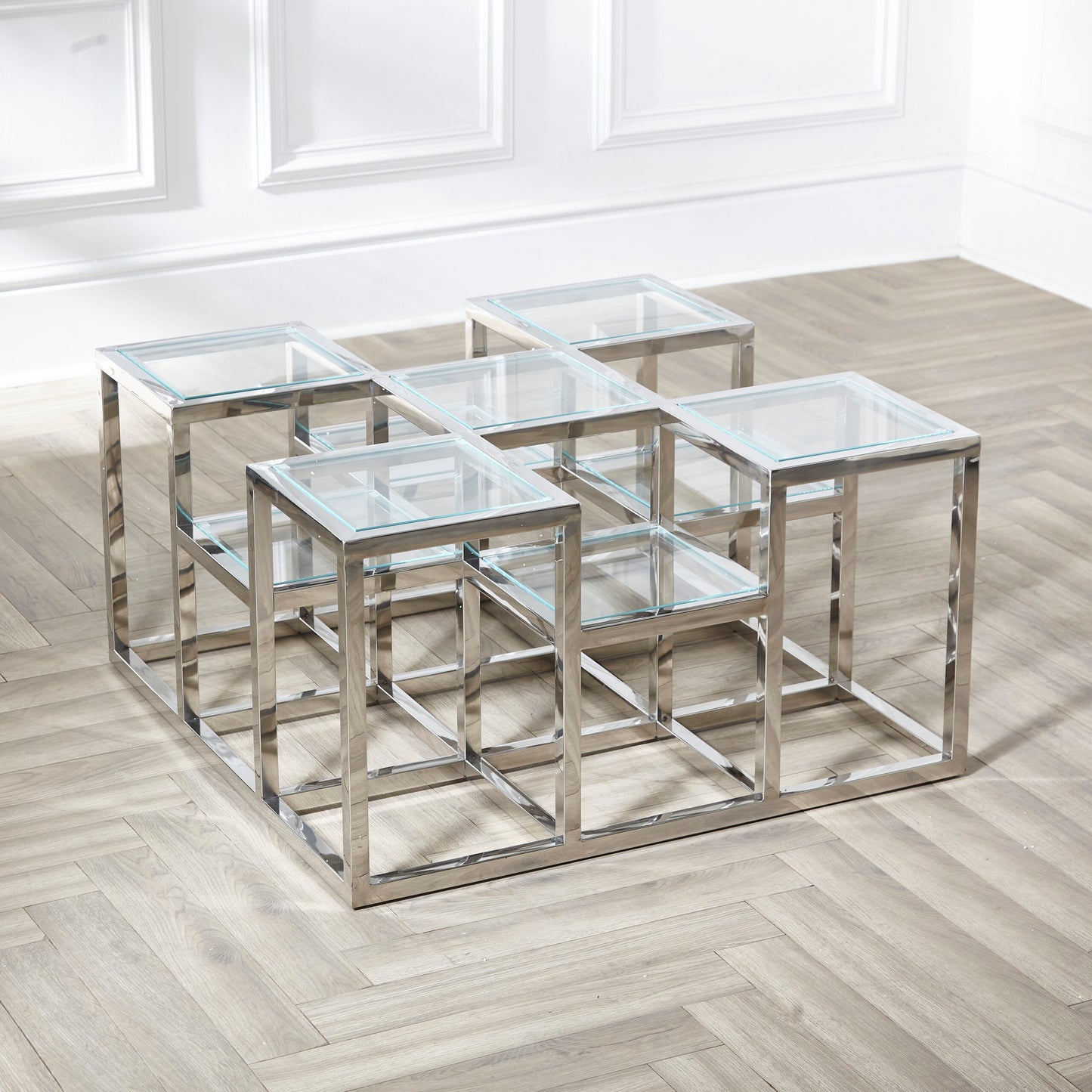 LUXURY 90cm Podium Tiered Square Glass & Steel Chrome Frame Coffee Table.