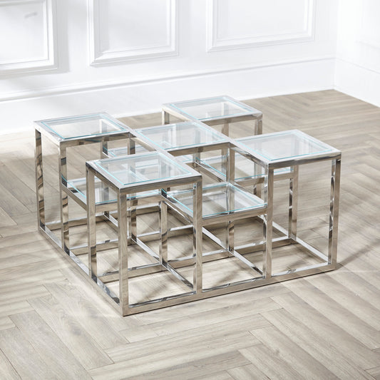 LUXURY 90cm Podium Tiered Square Glass & Steel Chrome Frame Coffee Table.