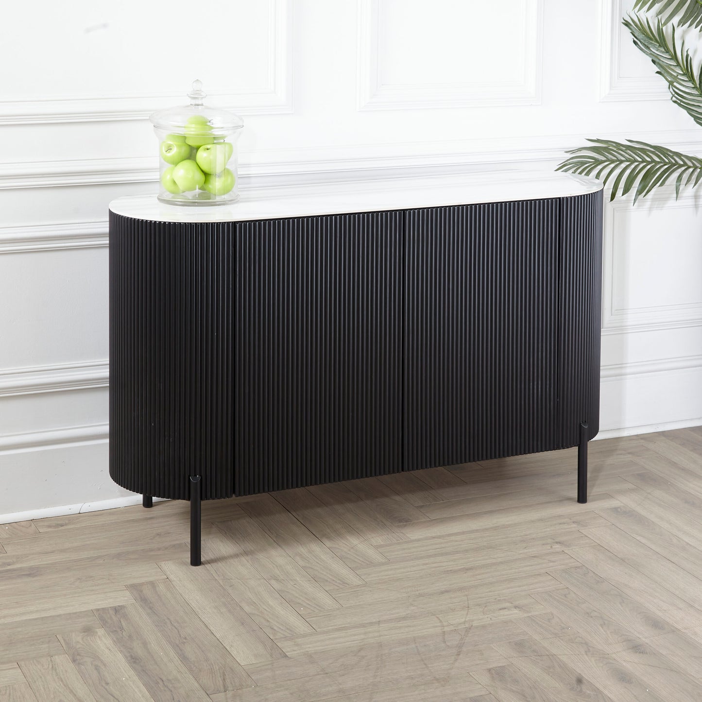 Black 130 cm Fluted Sideboard Low Boy Cabinet with Marble Stone Top.