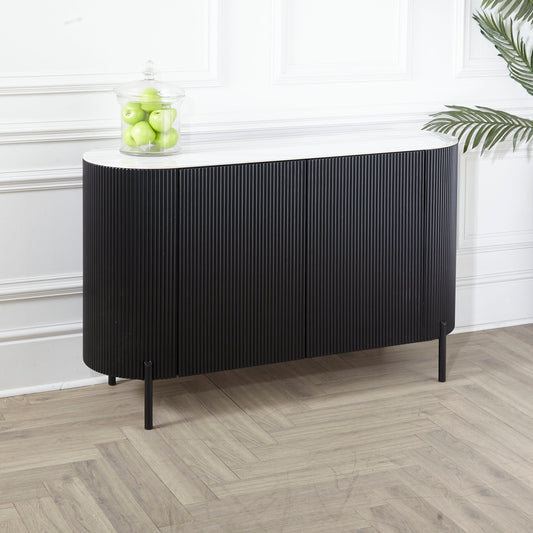 Black 130 cm Fluted Sideboard Low Boy Cabinet with Marble Stone Top.