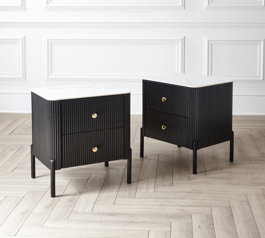 Modern Black Fluted 2 Drawer Night Stand Bedside Table Cabinet with Marble Top.