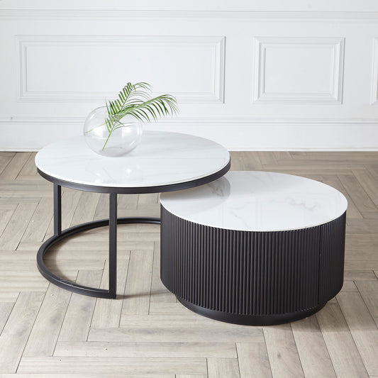 Black Round Stackable 2pcs Coffee Table Marble Top & 2 Drawers Metal Frame