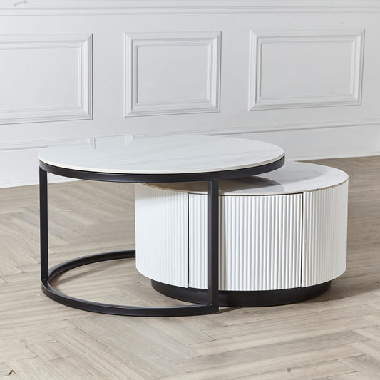 White Round Stackable 2pcs Coffee Table Marble Top & 2 Drawers Metal Frame