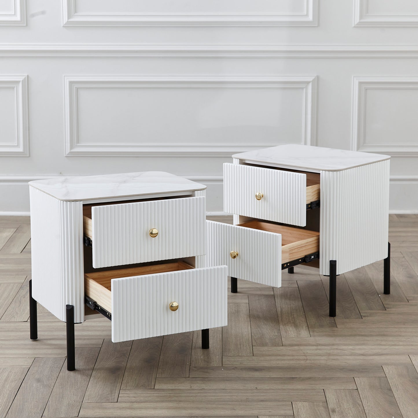 Modern White Fluted 2 Drawer Night Stand Bedside Table Cabinet with Marble Top.