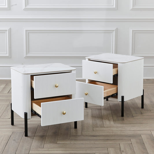 Modern White Fluted 2 Drawer Night Stand Bedside Table Cabinet with Marble Top.