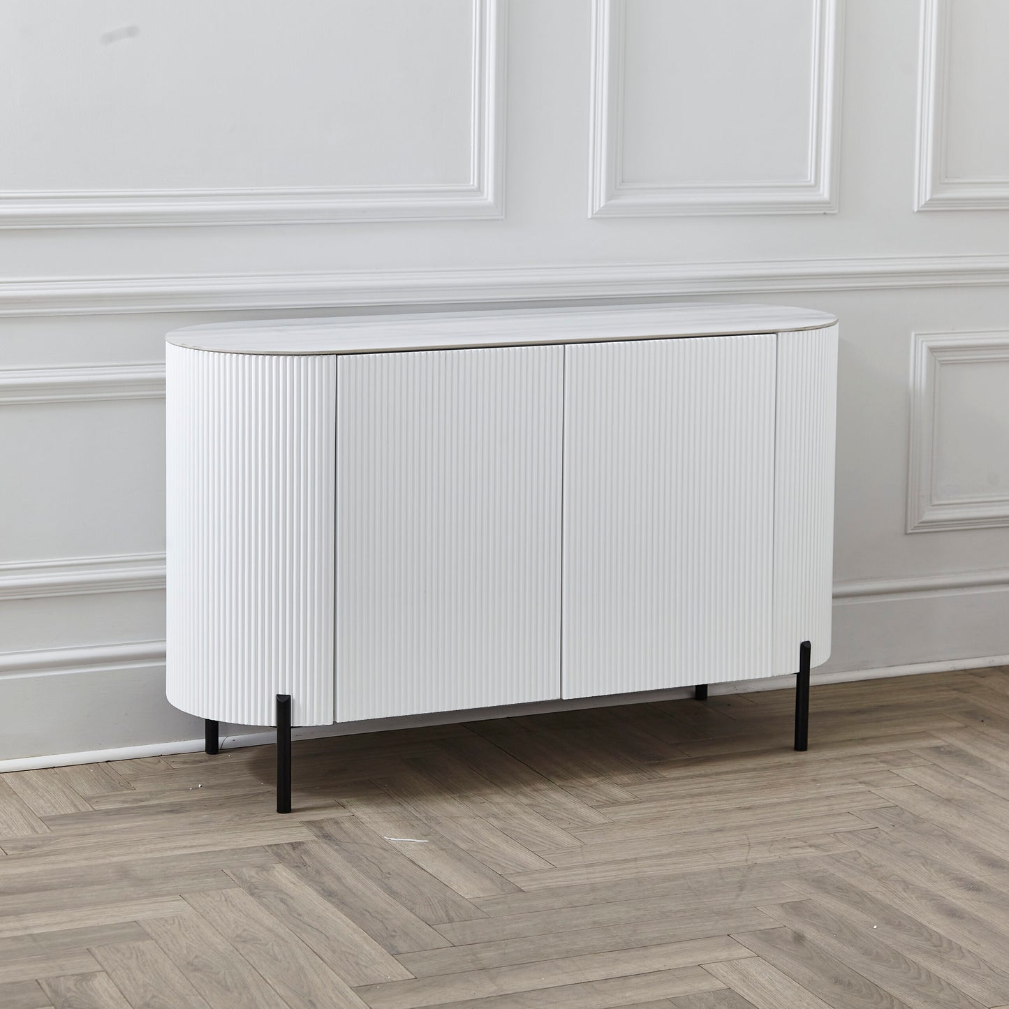 White 130 cm Fluted Sideboard Low Boy Cabinet with Marble Stone Top.