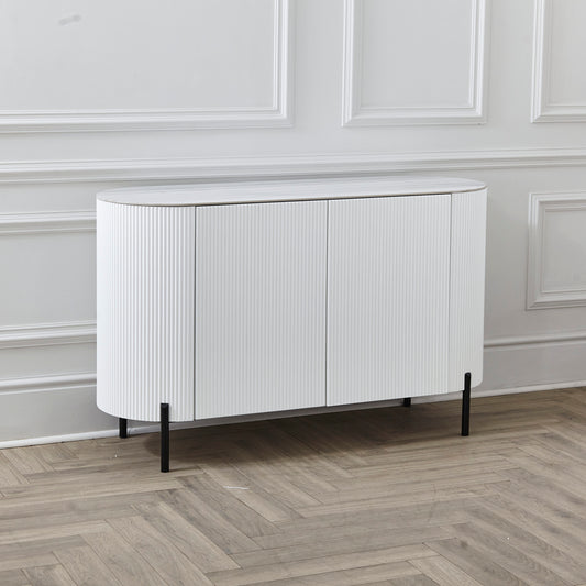 White 130 cm Fluted Sideboard Low Boy Cabinet with Marble Stone Top.