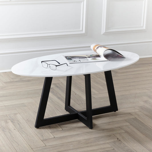 Oval White Carrara Marble 100cm Stone Coffee Table with Metal Frame Black Legs.