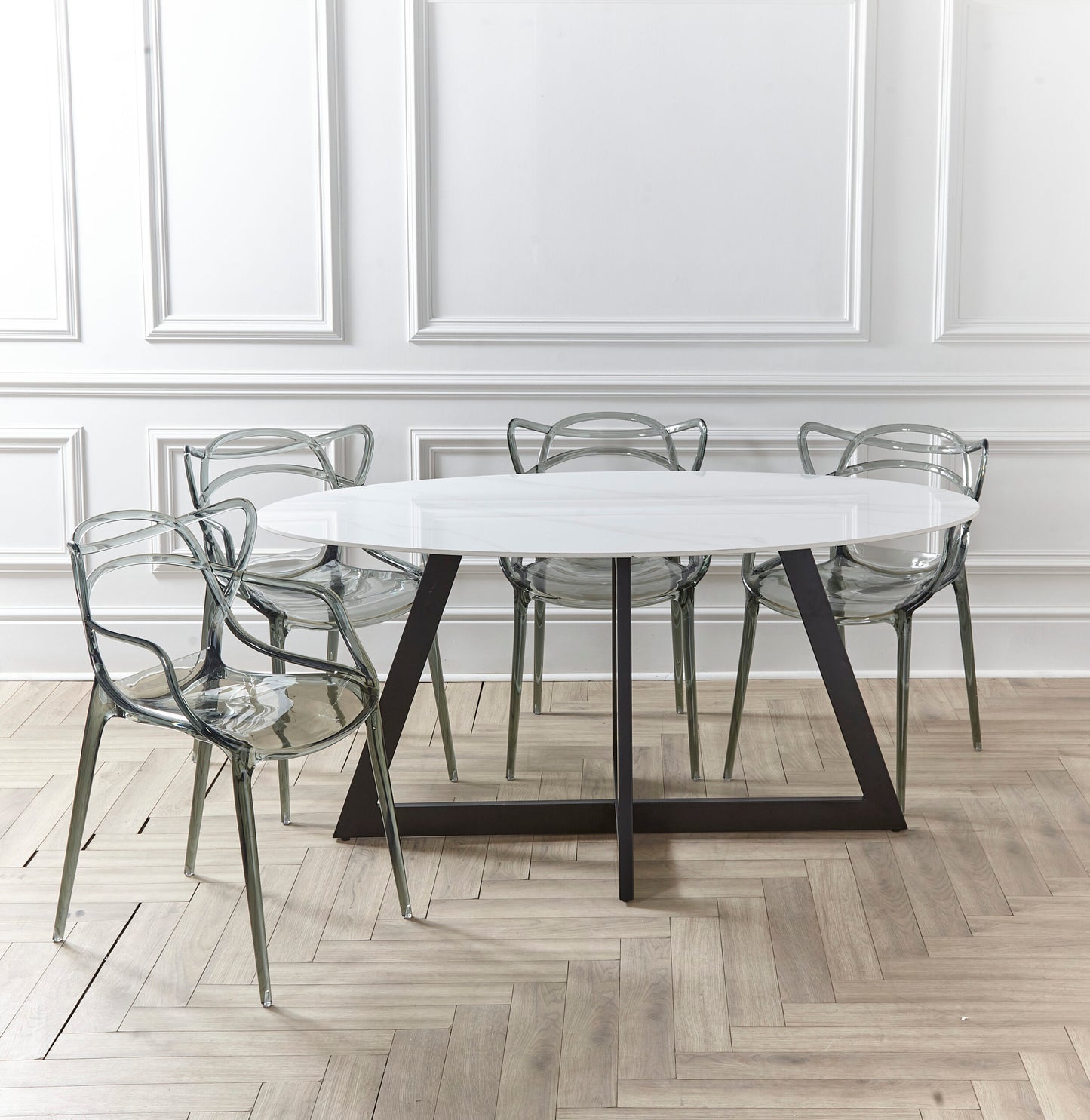 Oval White Marble 160cm Stone 4-6 Seater Dining table with Metal Frame Black Leg