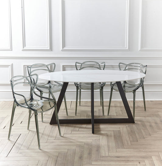 Oval White Marble 160cm Stone 4-6 Seater Dining table with Metal Frame Black Leg
