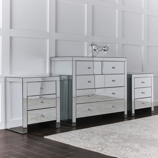 Bedroom SET - Mirrored 2 over 3 Chest of 5 Drawers & 2 x 3 Drawer Bedside Cabinet
