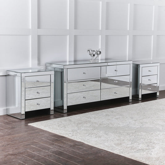 Bedroom SET - Mirrored 3 over 3 Chest of 6 Drawers & 2 x 3 Drawer Bedside Cabinet