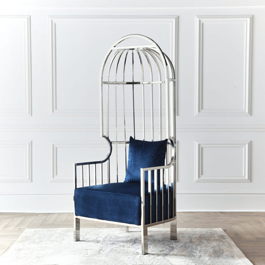 Chrome Royal Blue / Navy Bird Cage Porter Chair.