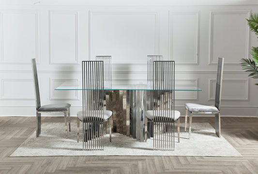 SET : x 4 / 6 Extra High Linear Cream Oyster Velvet Dining Chairs + Luxury Chrome Zig Zag Fan Dining Table