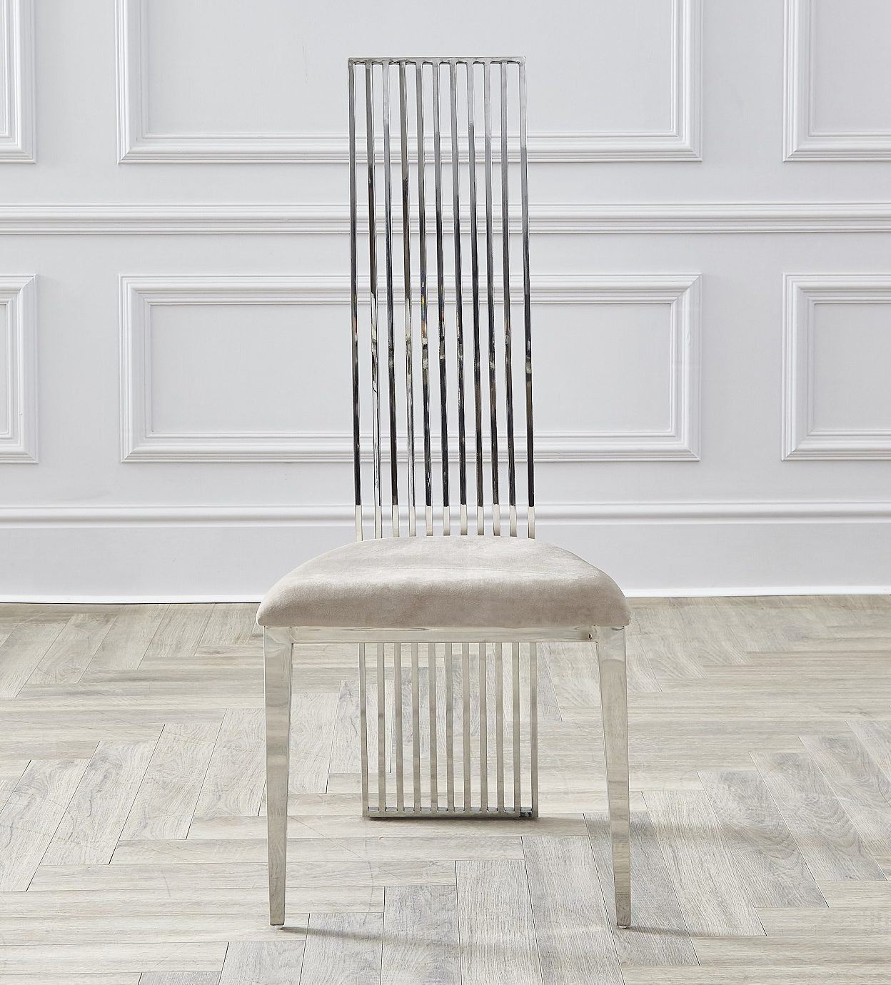 Extra High Linear Cream Oyster Velvet Dining Chairs with Stainless Steel Chrome Leg and Back