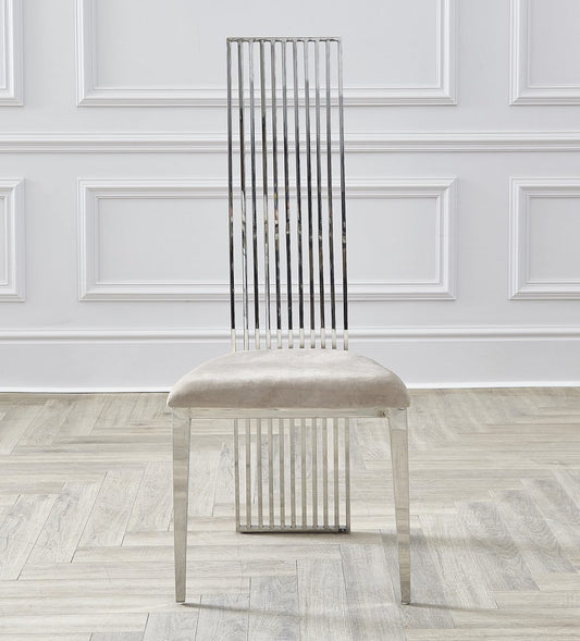 Extra High Linear Cream Oyster Velvet Dining Chairs with Stainless Steel Chrome Leg and Back