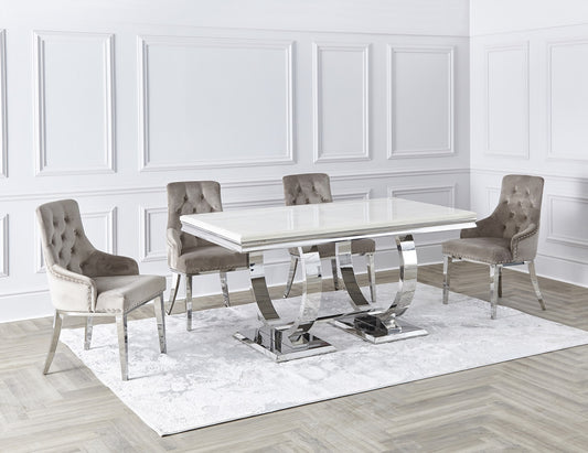 Niches Cream Arianna Style Dining Table 1.6m / 1.8m + 4 Oyster Knocker Back Dining Chairs + Oyster Arianna Bench 130cm