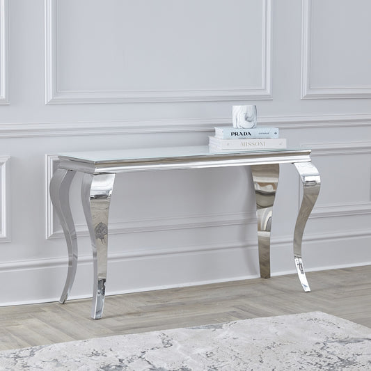 Louis White Glass Chrome Console Table / 100cm