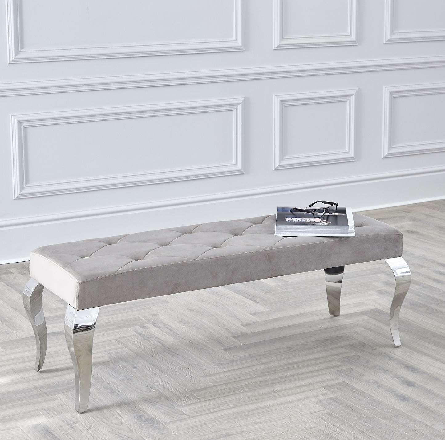 Louis Cream Oyster Button Chrome 130cm Dining Bench
