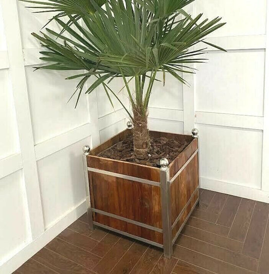 Large Teak Walnut and Chrome Plant Pot Indoor Outdoor Garden Furniture Planters