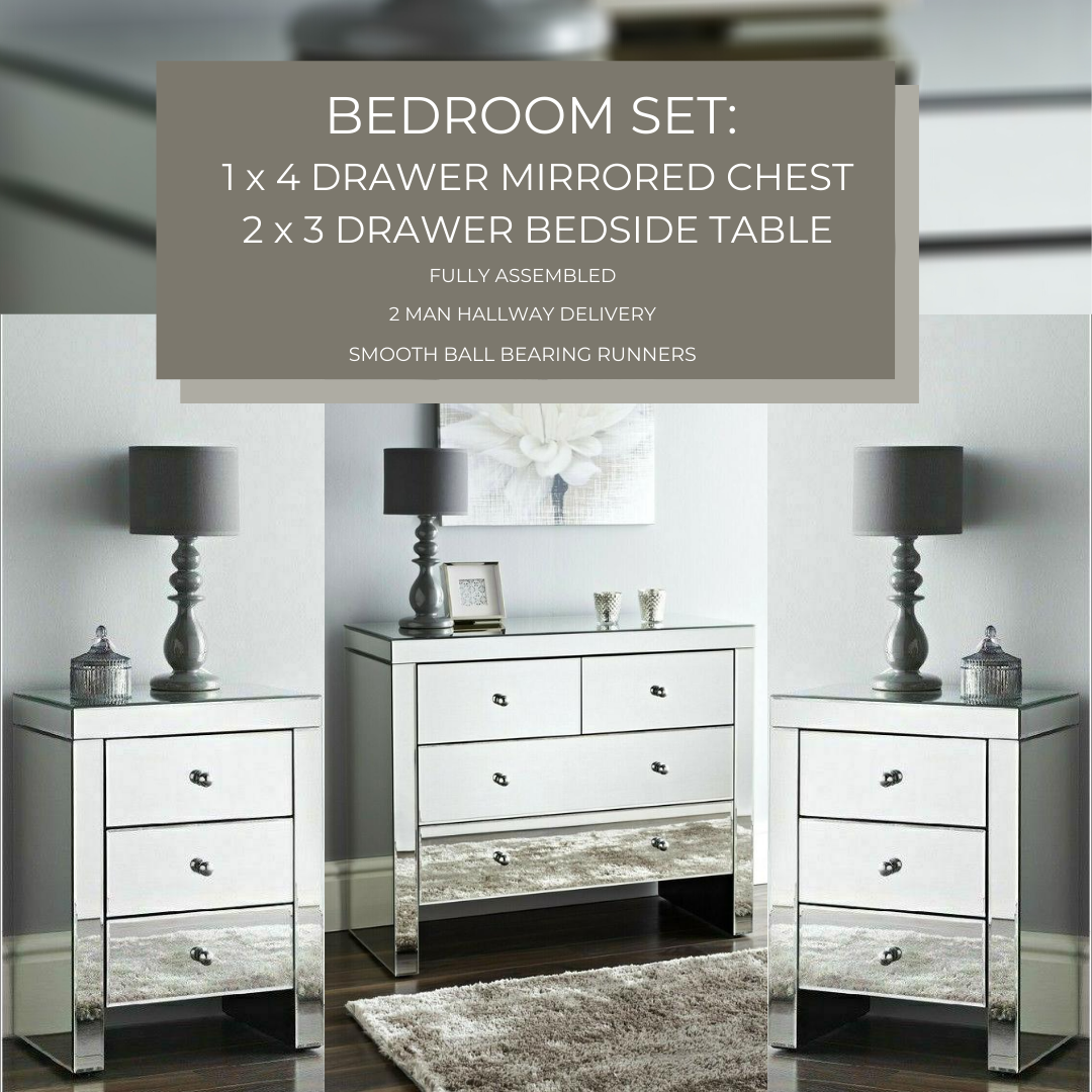 Bedroom SET - Mirrored 2 over 2 Chest of 4 Drawers & 2 x 3 Drawer Bedside Cabinet