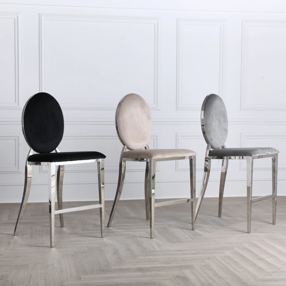 Chrome Round Back 65cm Grey Velvet Breakfast Bar Stool