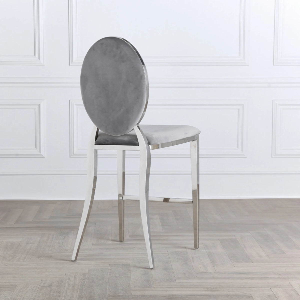 Chrome Round Back 65cm Grey Velvet Breakfast Bar Stool