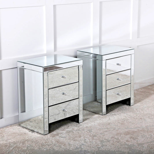 3 Drawer Mirror Bedside Cabinet Set of 2