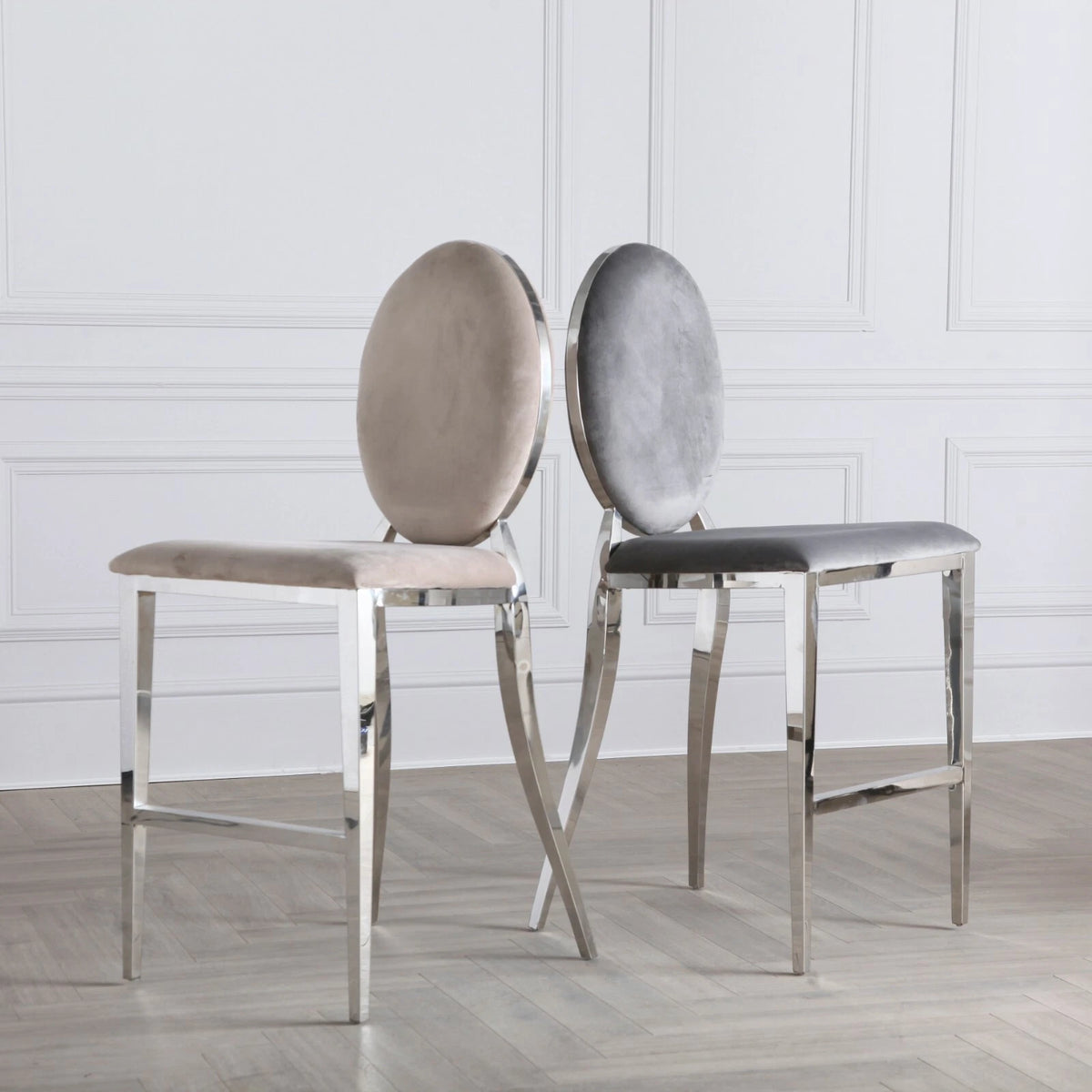 Chrome Round Back 65cm Grey Velvet Breakfast Bar Stool