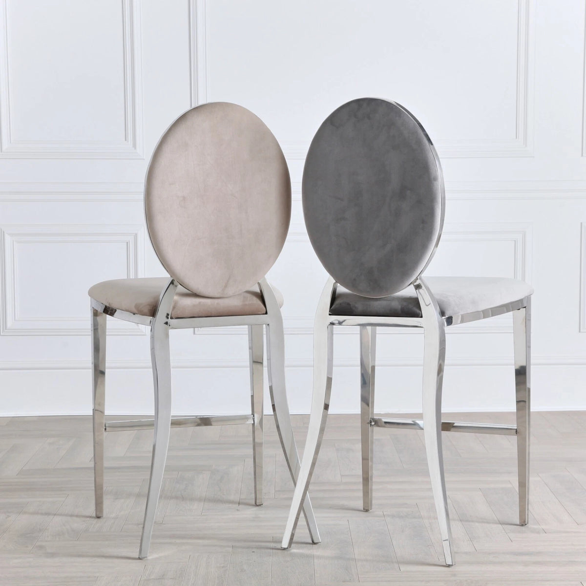 Chrome Round Back 65cm Grey Velvet Breakfast Bar Stool