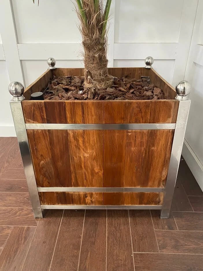 Large Teak Walnut and Chrome Plant Pot Indoor Outdoor Garden Furniture Planters