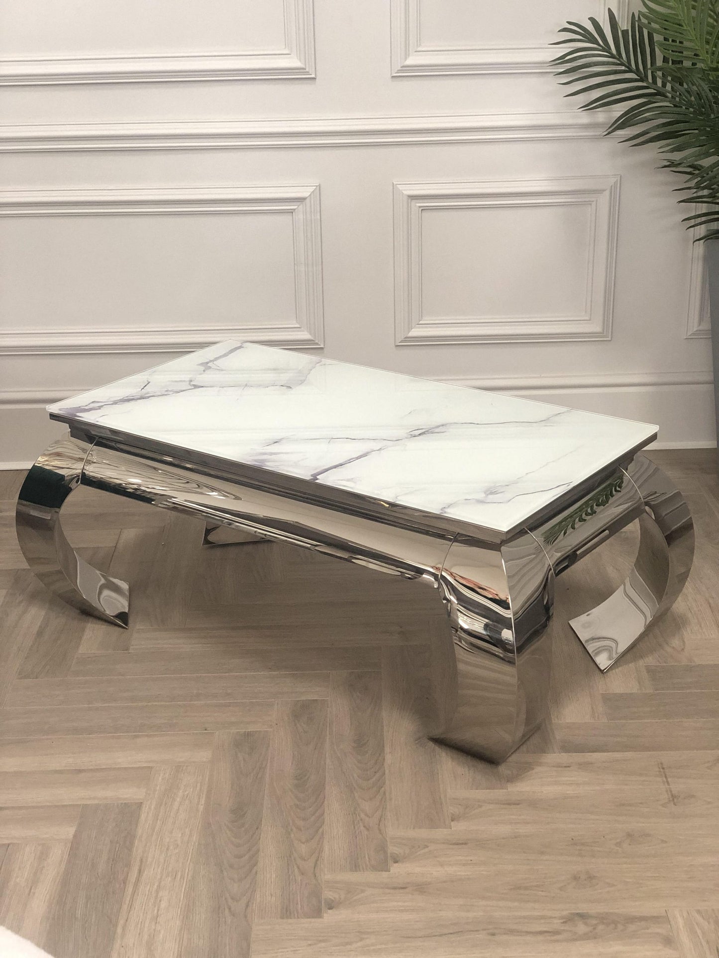 NICHES White Marble Chrome BOWED Coffee Table