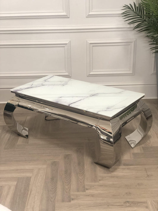 NICHES White Marble Chrome BOWED Coffee Table