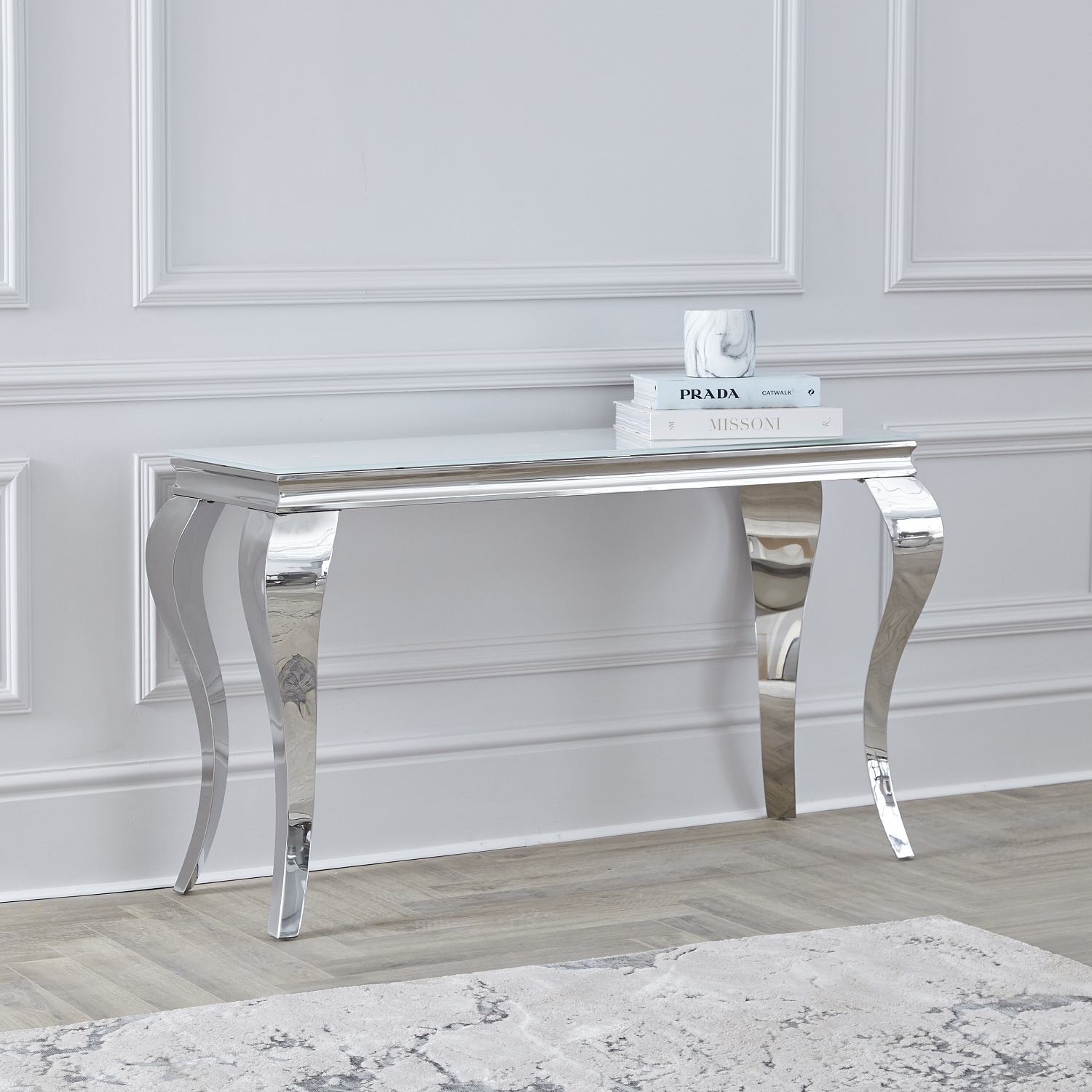 Louis White Glass Chrome Console Table, Chrome Glass Console Table