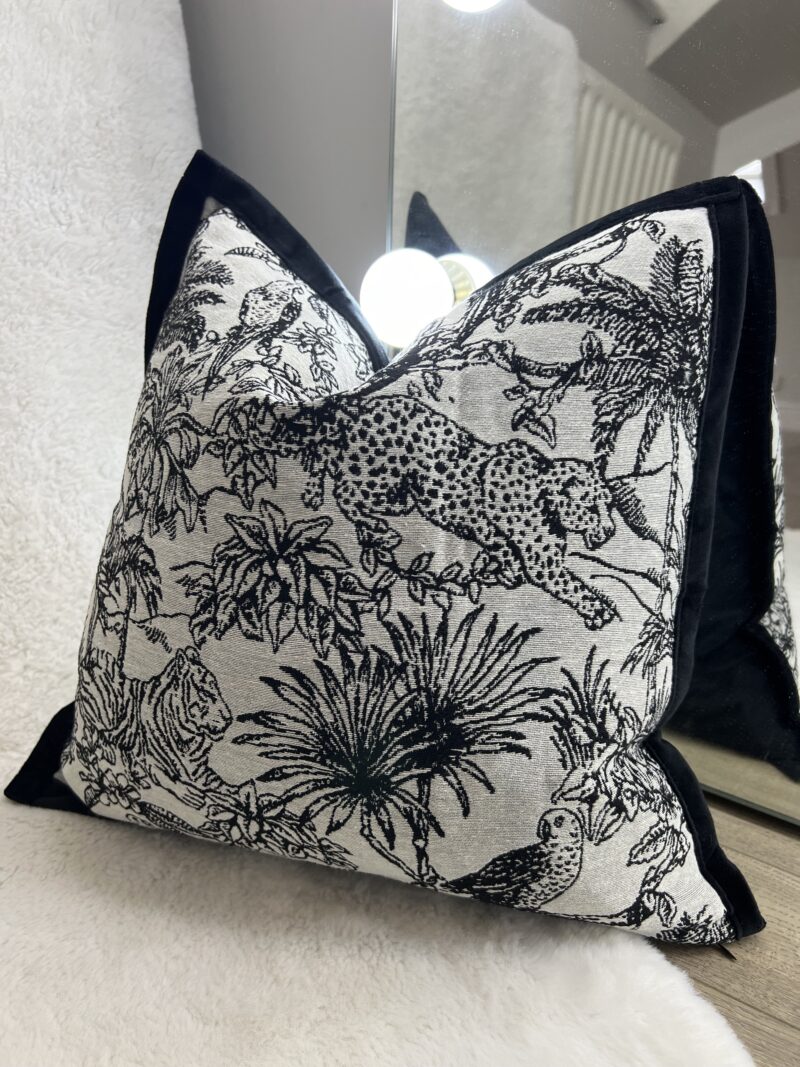Black Jungle Print Scatter Cushion with Black Border & Velvet Back 45cm / 18"