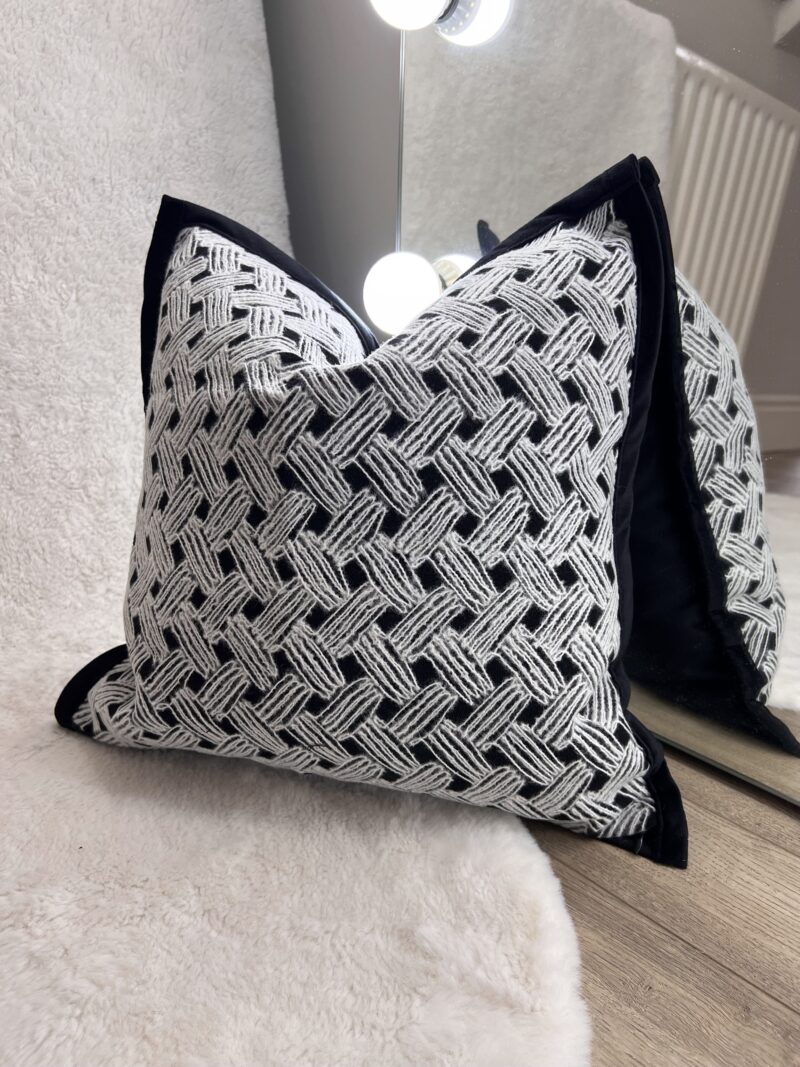Black & White Criss Cross Print Scatter Cushion with Black Border & Velvet Back 45cm / 18"
