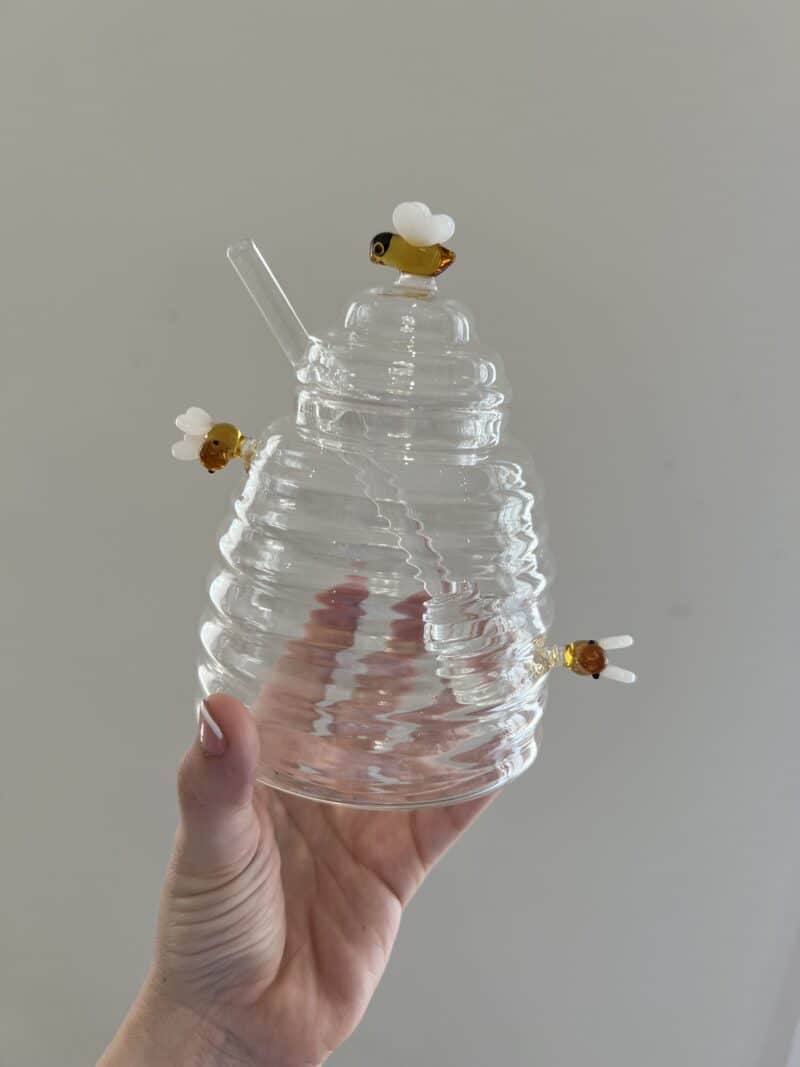 Glass Honey Jar with Honey Bees.